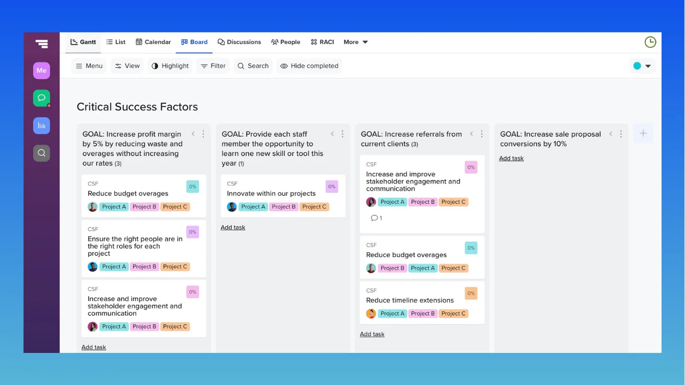 Example of how to use a Kanban board in TeamGantt to document and track critical success factors